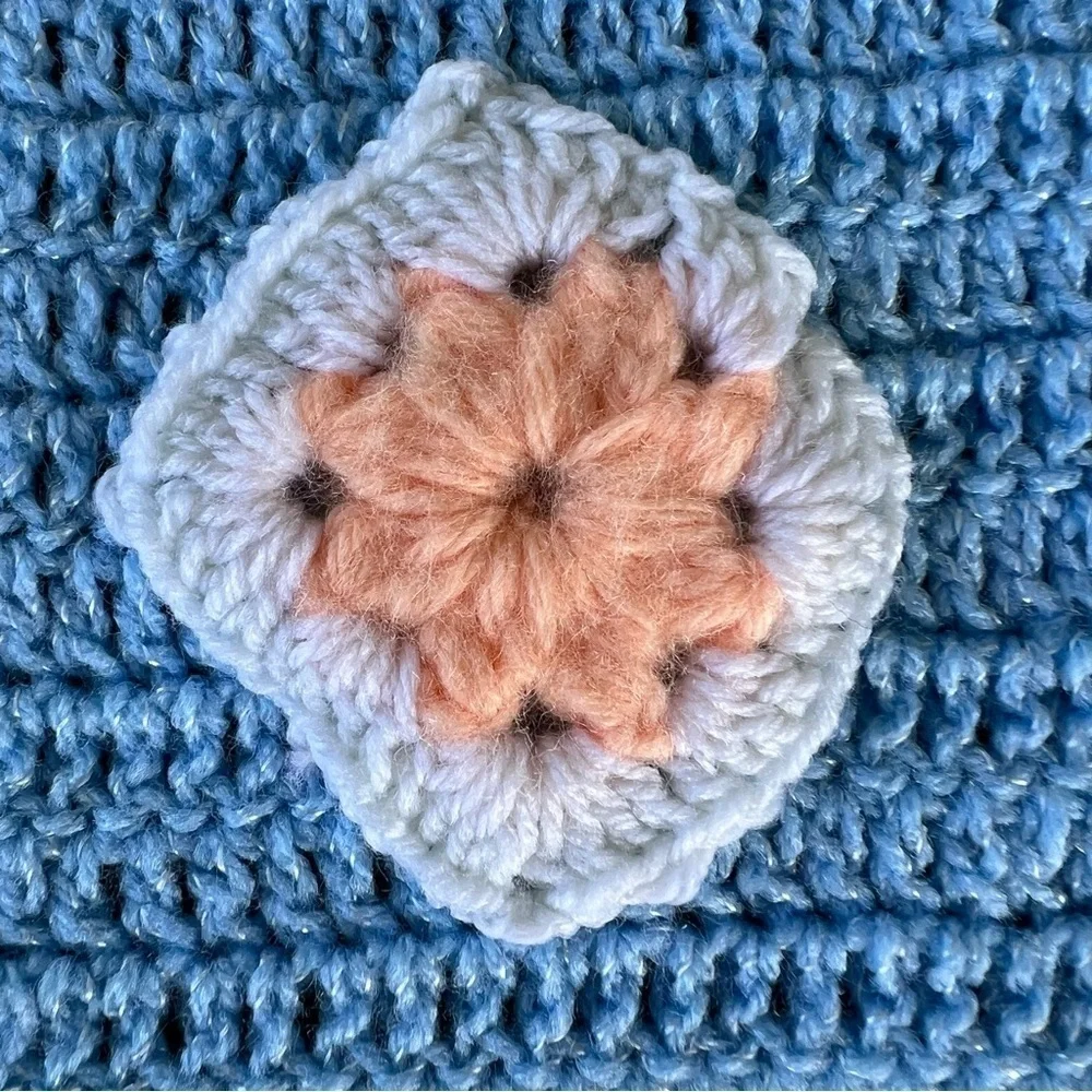 Hand Crocheted 3D Flower Baby Afghan Blanket Pastel Squares Scallop Edge 43x36
